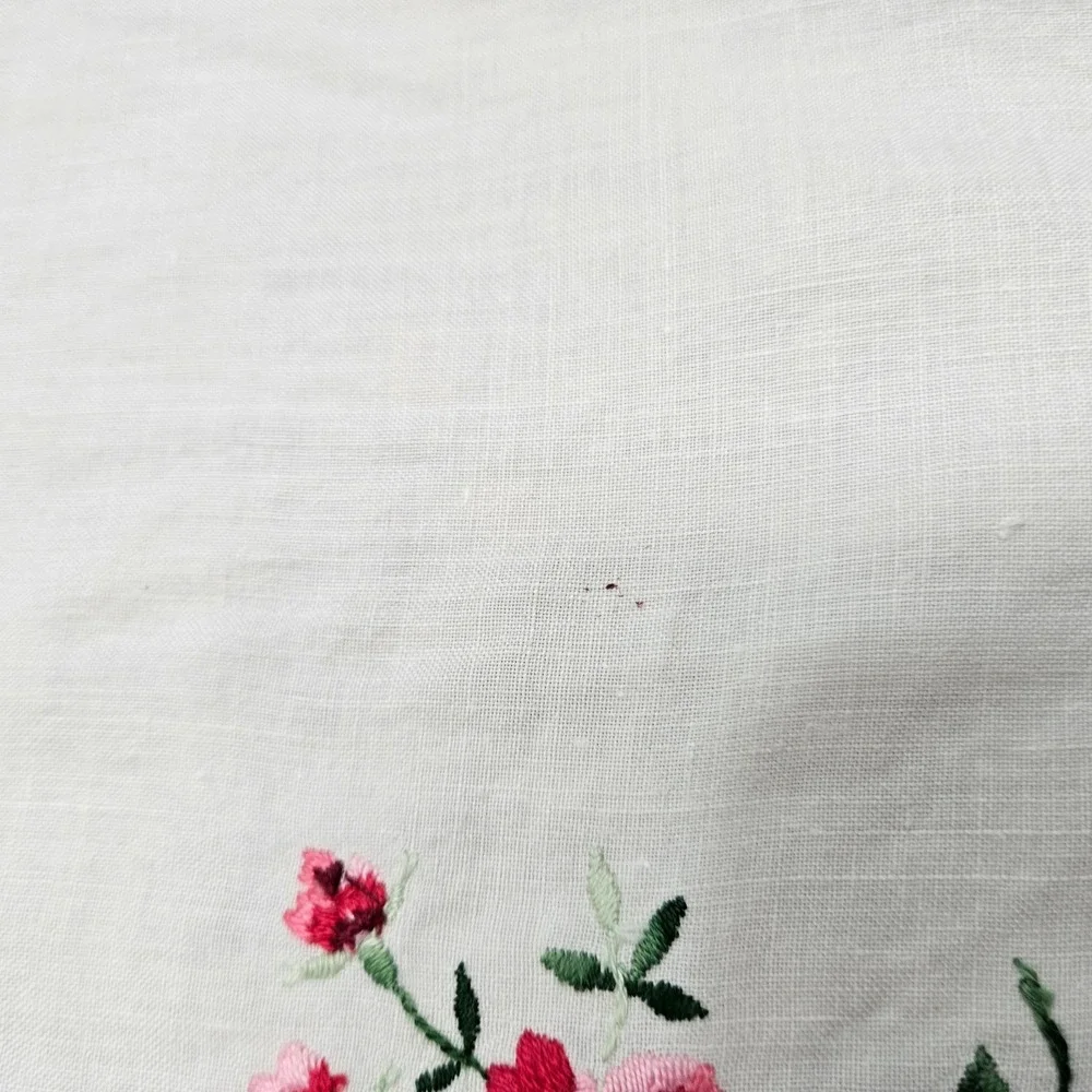 Vintage‎ Embroidered Linen Tea Towel Cottagecore Floral Pink Green Roses